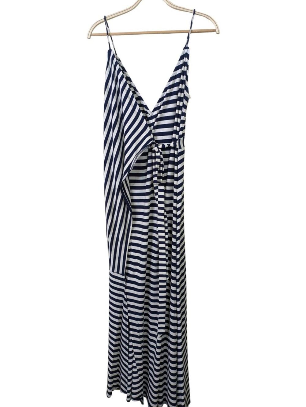 IF BY THE SEA Wrap Maxi Dress Large Navy White Striped Stretch Strappy Nautical